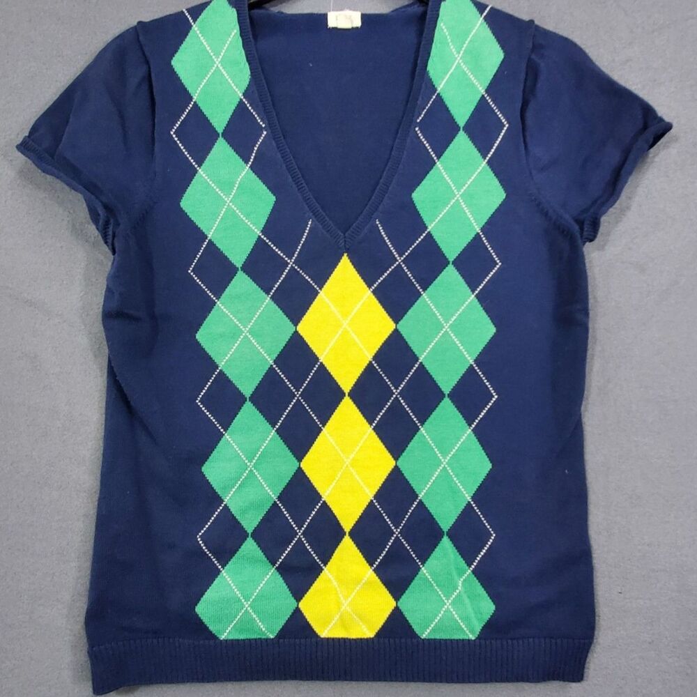 J Crew Sweater Pullover Vest Womens M Cotton Blue Green and Yellow Diamond Print